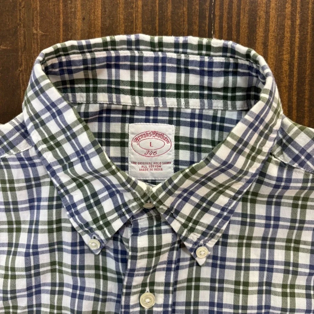 Brooks Brothers 346 Mens Large Plaid Short Sleeve Button Down Shirt Blue‎ Green